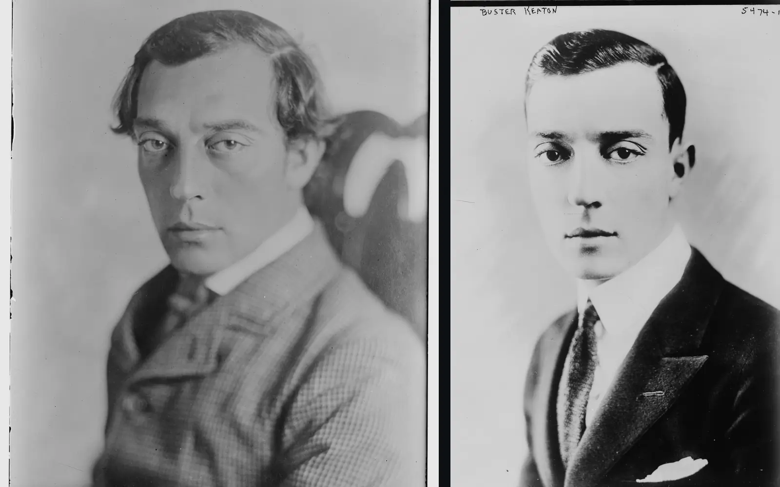 A black-and-white diptych of two early Bain News Service portraits of Buster Keaton, one seated in a checked suit and one facing the camera in a dark jacket.